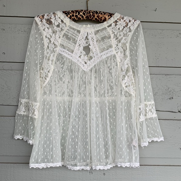 FREE PEOPLE BOHO IVORY/OFF WHITE MODERN ROMANCE SHEER LACE TOP - Picture 12 of 13